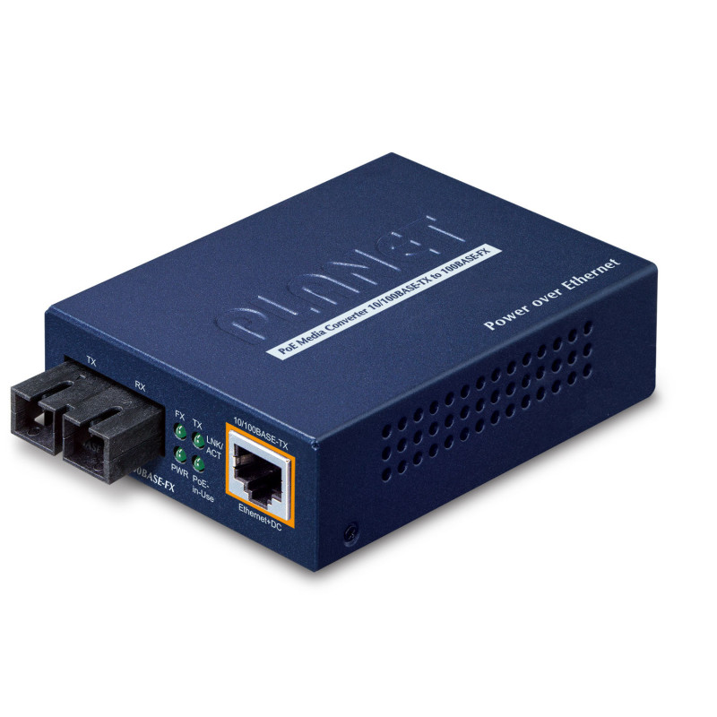 PLANET IEEE802.3af PoE 10/100Base-TX convertisseur de support réseau 100 Mbit/s 1310 nm Multimode Bleu
