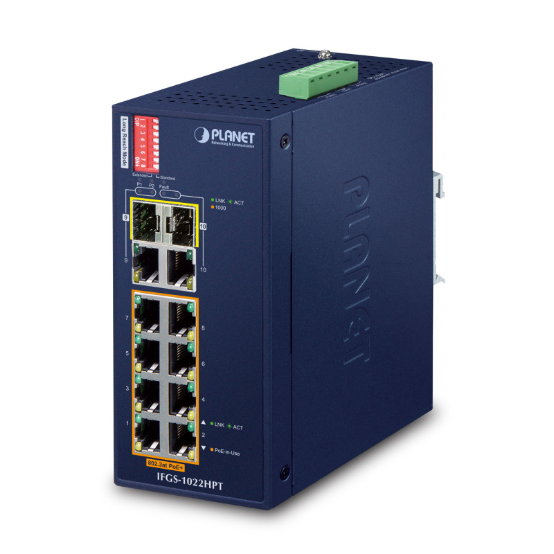 PLANET IFGS-1022HPT commutateur réseau Non-géré Fast Ethernet (10/100) Connexion Ethernet, supportant l'alimentation via ce