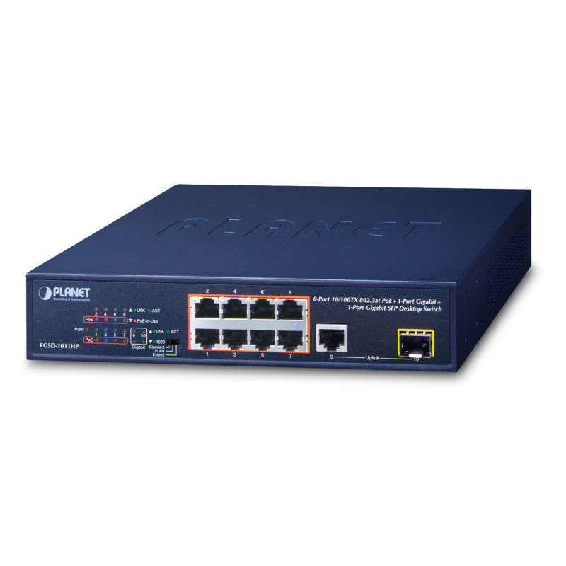 PLANET FGSD-1011HP commutateur réseau Non-géré Gigabit Ethernet (10/100/1000) Connexion Ethernet, supportant l'alimentation via
