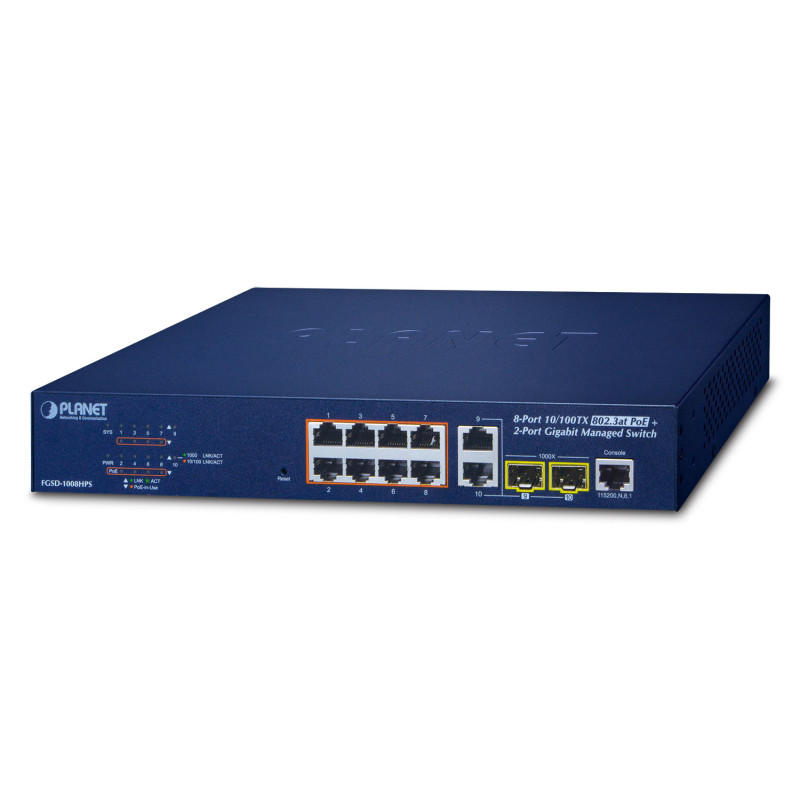 PLANET FGSD-1008HPS commutateur réseau Géré Fast Ethernet (10/100) Connexion Ethernet, supportant l'alimentation via ce port