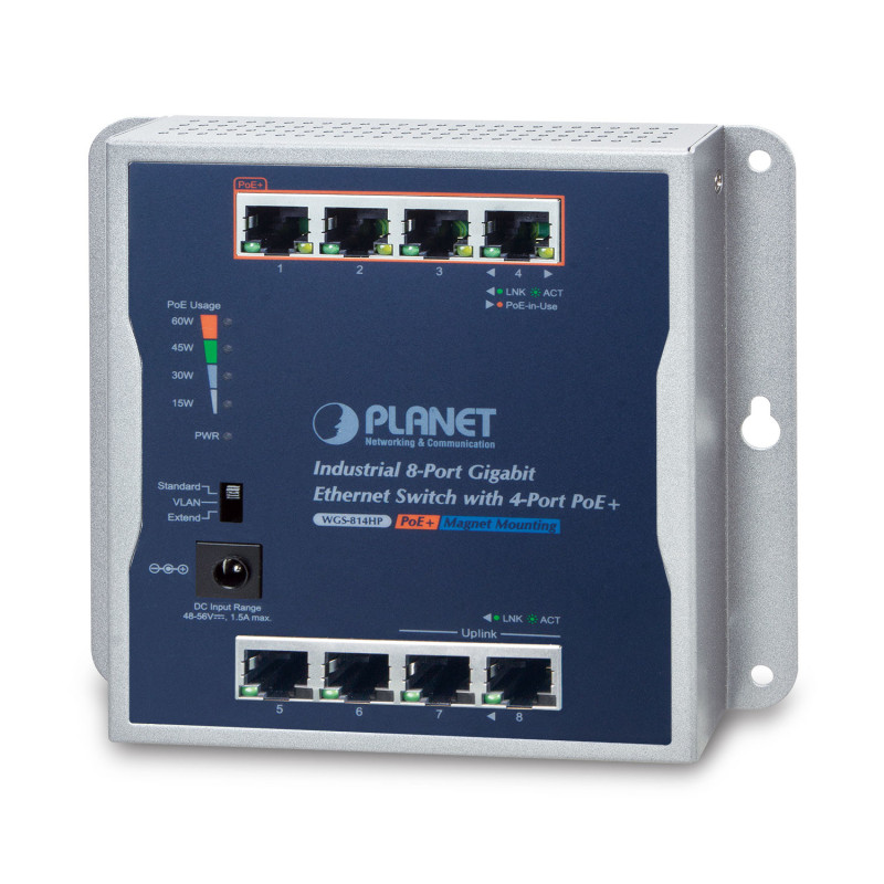 PLANET P30 Industrial 8-Port Non-géré Connexion Ethernet, supportant l'alimentation via ce port (PoE) Bleu, Gris