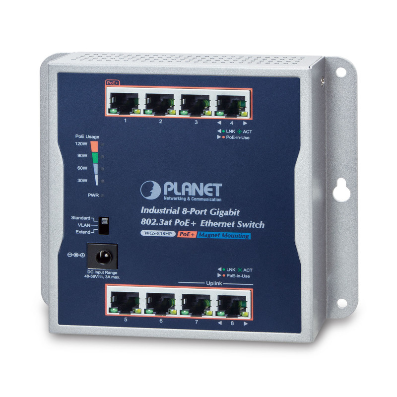 PLANET IP30 Industrial 8-Port Non-géré Gigabit Ethernet (10/100/1000) Connexion Ethernet, supportant l'alimentation via ce port