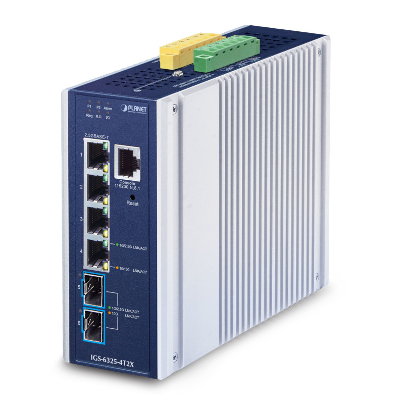 PLANET IP30 Industrial L3 4-Port Géré 2.5G Ethernet (100/1000/2500) Aluminium, Bleu