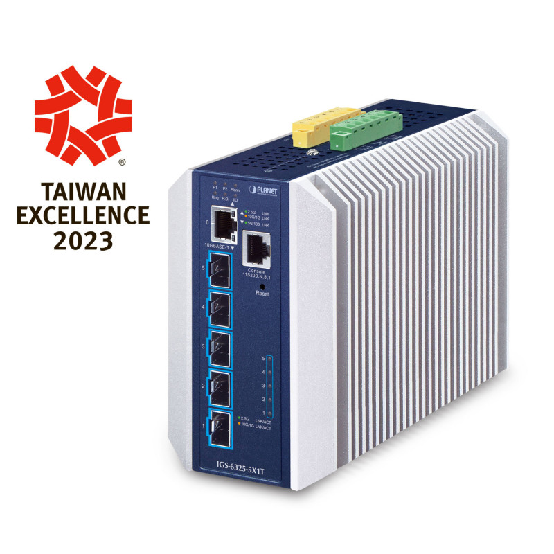 PLANET Industrial Layer 3 5-Port Géré L3 10G Ethernet (100/1000/10000) Aluminium, Bleu