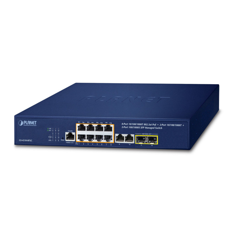 PLANET IPv4/IPv6, 8-Port Managed Géré L2/L4 Gigabit Ethernet (10/100/1000) Connexion Ethernet, supportant l'alimentation via ce