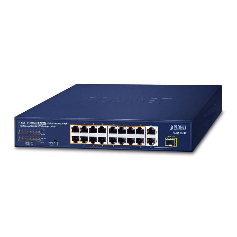 PLANET 16-Port 10/100TX 802.3at PoE Non-géré Fast Ethernet (10/100) Connexion Ethernet, supportant l'alimentation via ce port