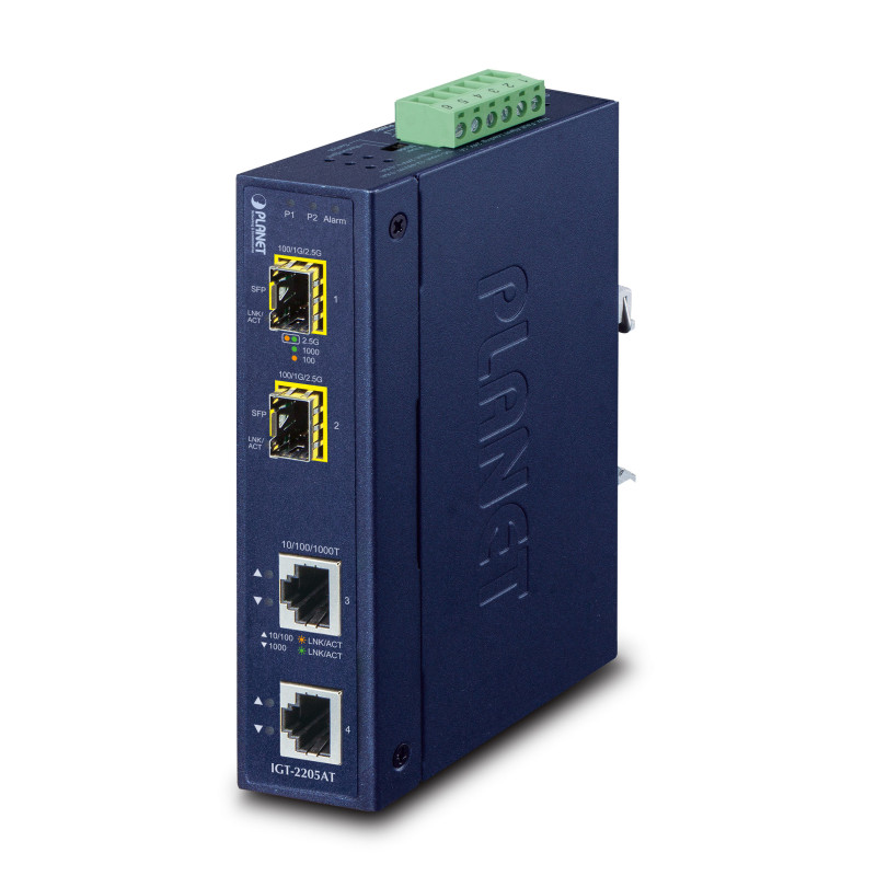 PLANET IP30 Industrial 2-port convertisseur de support réseau Bleu